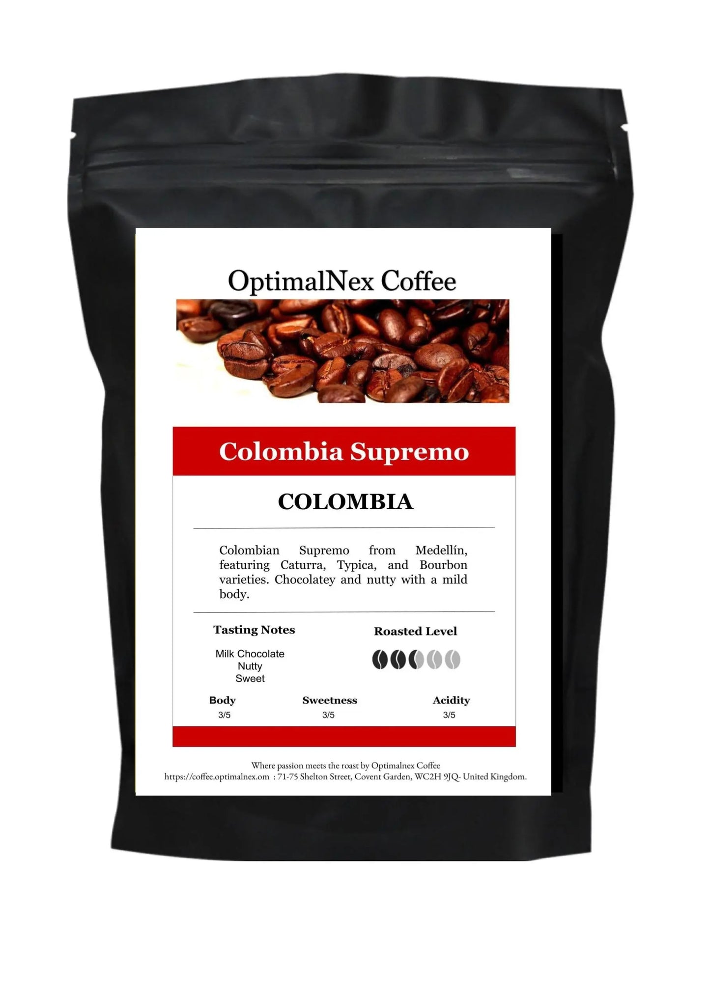 Colombia Supremo coffee beans pack showcasing rich flavors and tasting notes from Medellín, ideal for coffee blend UK.