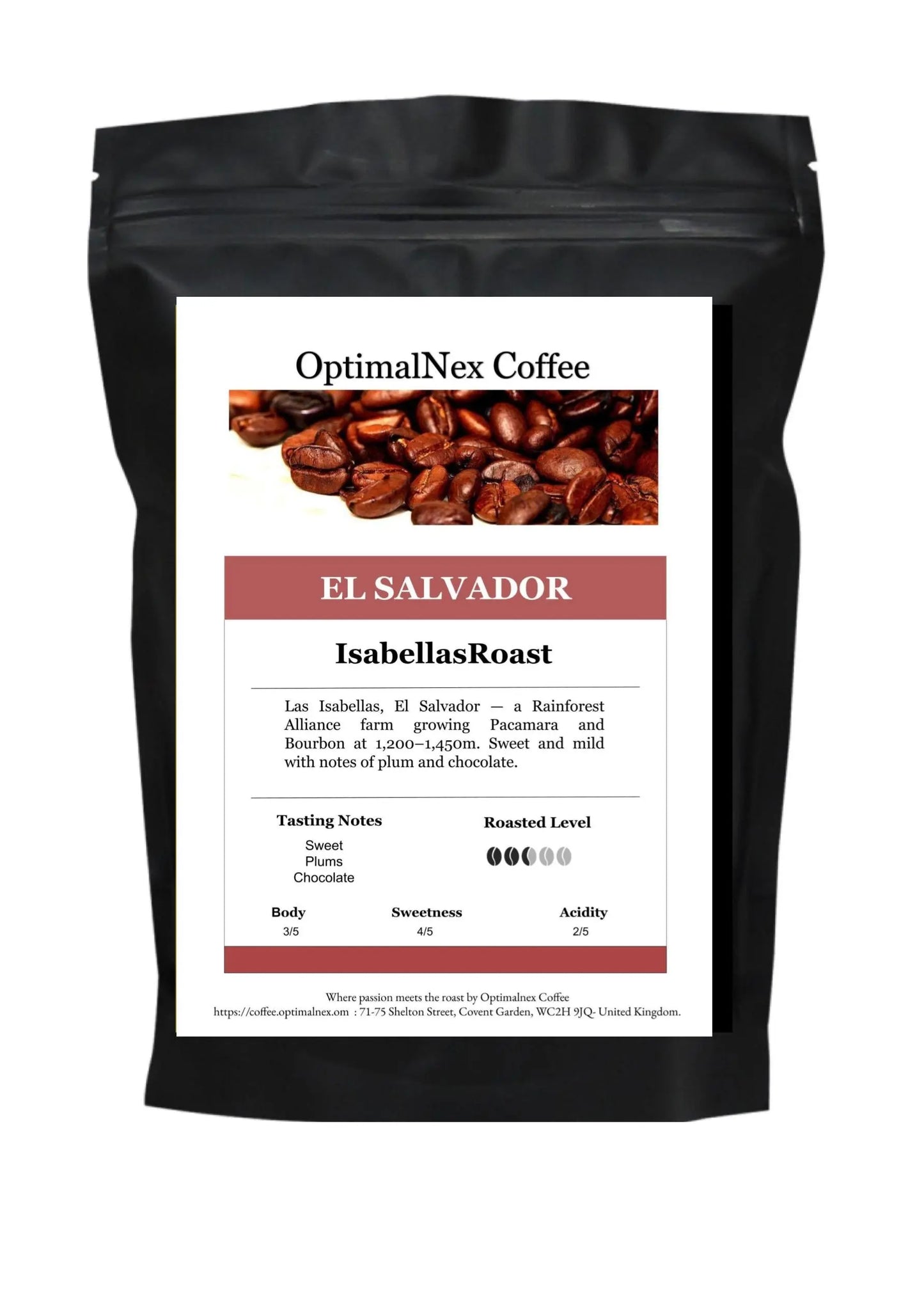 El Salvador coffee blend from OptimalNex featuring tasting notes and Rainforest Alliance certification.