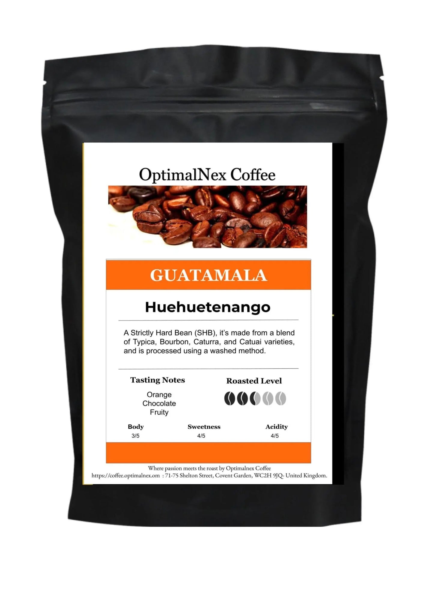 GUATEMALA Huehuetenango coffee bag featuring tasting notes and details about Strictly Hard Bean blend.