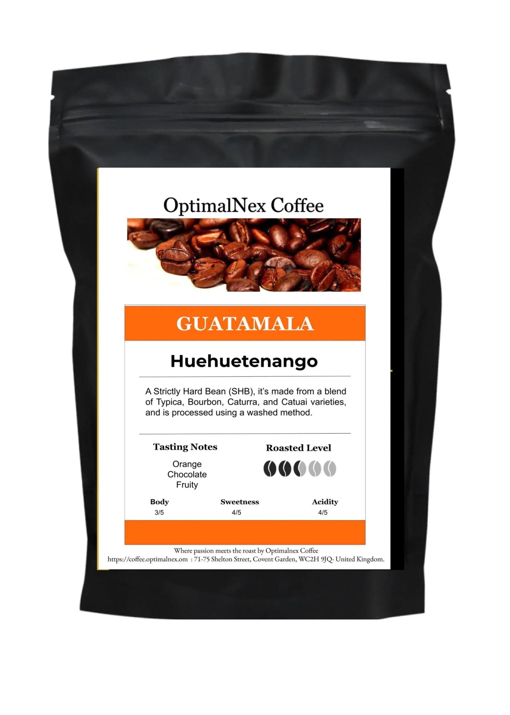 GUATEMALA Huehuetenango coffee bag featuring tasting notes and details about Strictly Hard Bean blend.