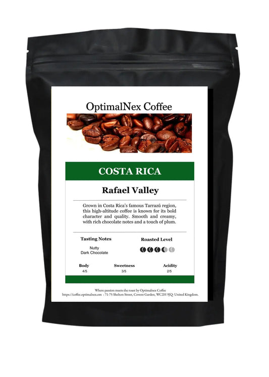 Costa Rica coffee beans from Rafael Valley by OptimalNex Coffee, showcasing rich flavor notes and smooth chocolate finish.