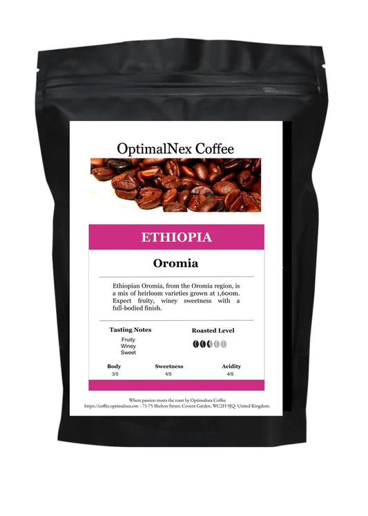 Ethiopia Oromia coffee blend from six farms, showcasing fruity sweetness and full body, perfect for coffee lovers in the UK.